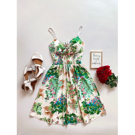 Rochie de zi ieftina verde cu flori si elastic in talie 